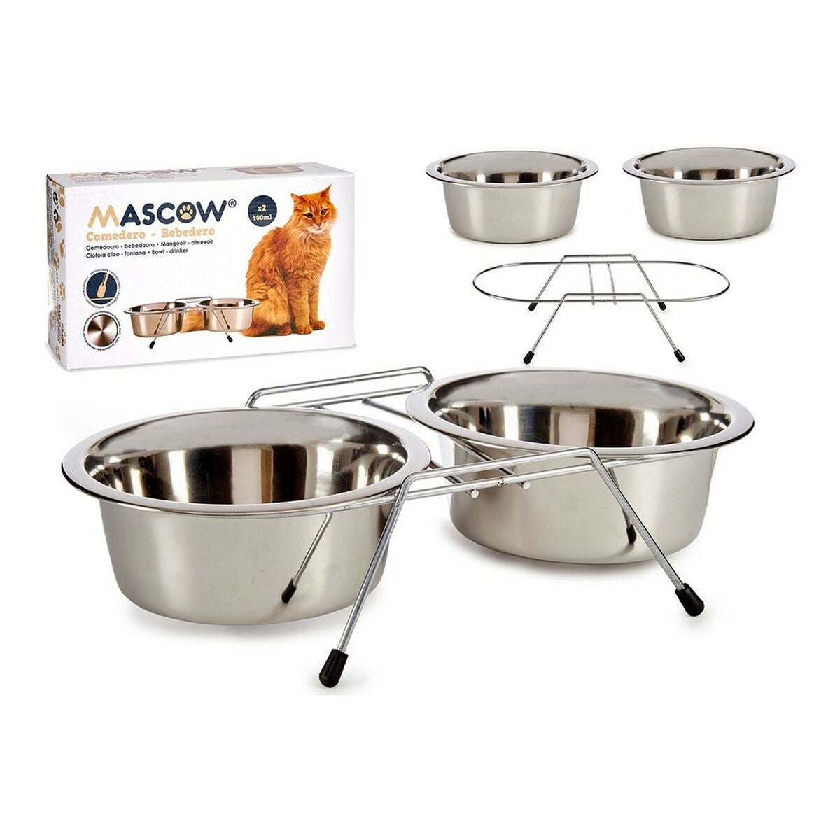 Pet feeding dish Double Stainless steel Silver (2 x 400 ml) - Majpet